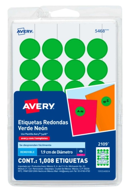 Etiquetas avery 2109 3/4 verde neon c/1008