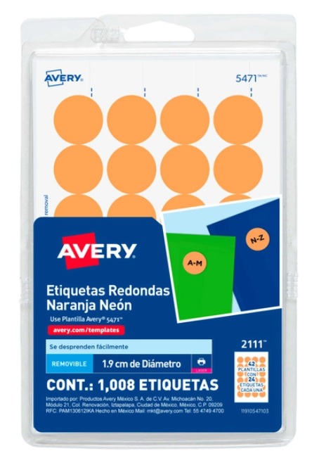 Etiquetas avery 2111 3/4 naranja neon c/1008